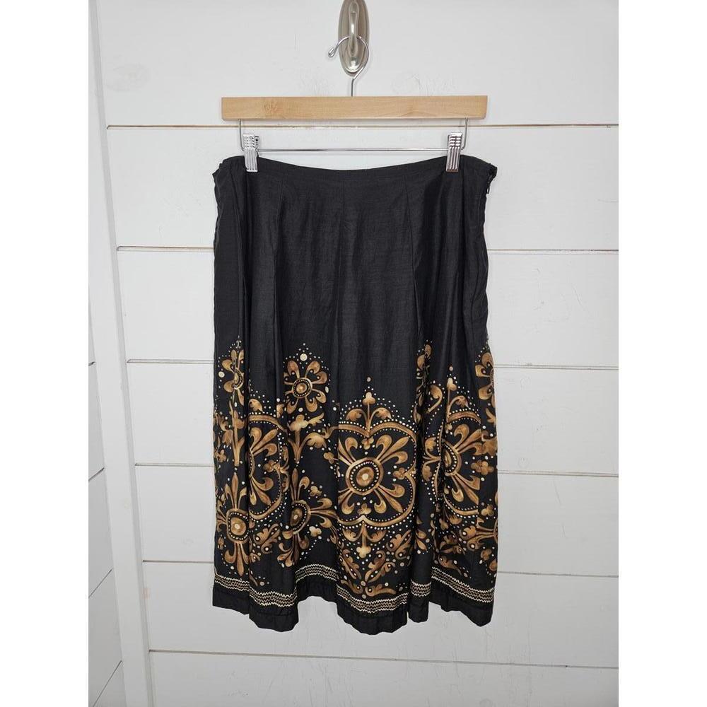 Trevan Size 10 black with brown & cream detailed midi skirt. Cotton & silk.